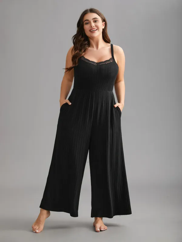 Sheer Lace Neckline Textured Pajamas Jumpsuit sold by Bloomchic
