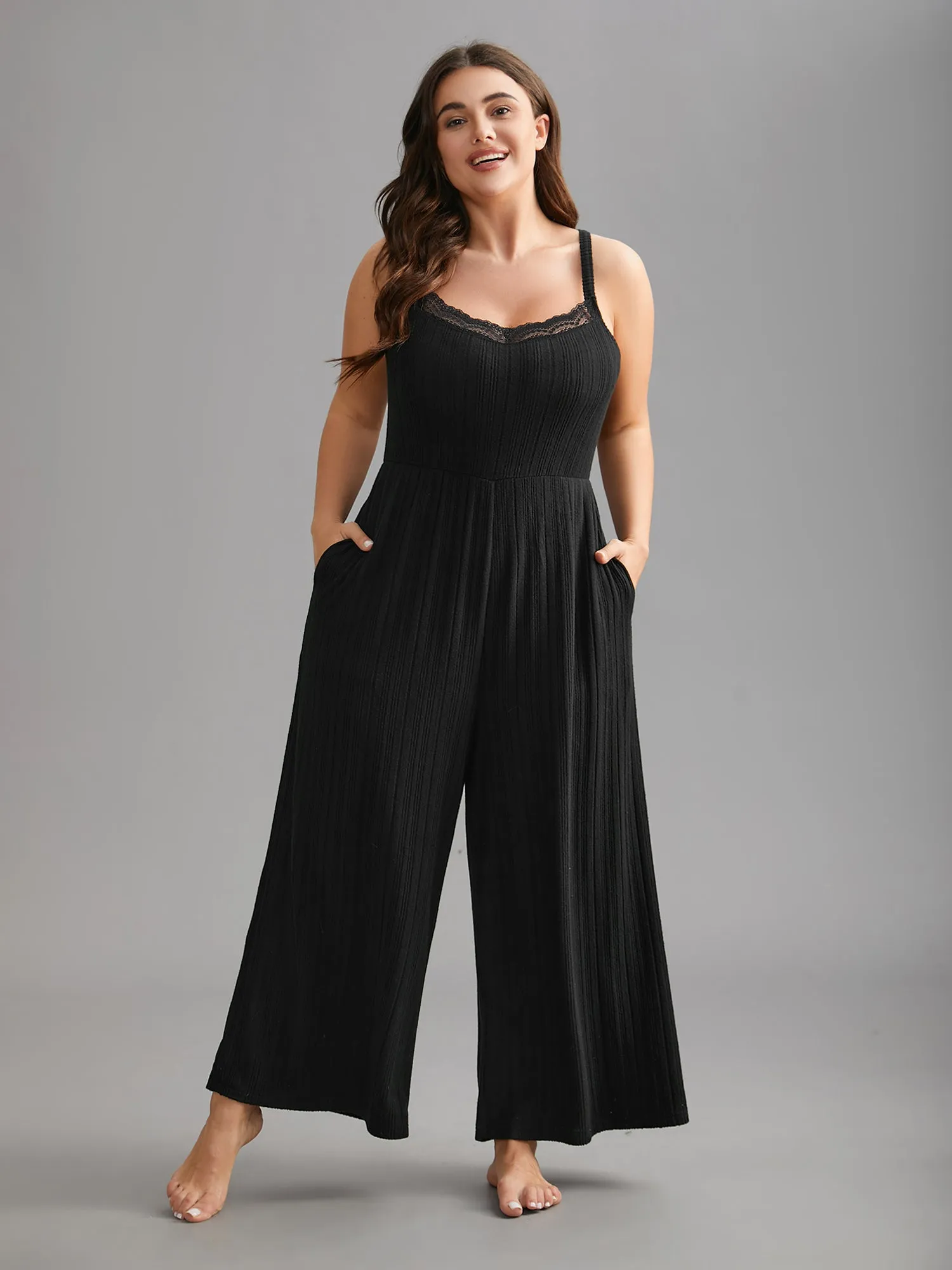 Sheer Lace Neckline Textured Pajamas Jumpsuit sold by Bloomchic