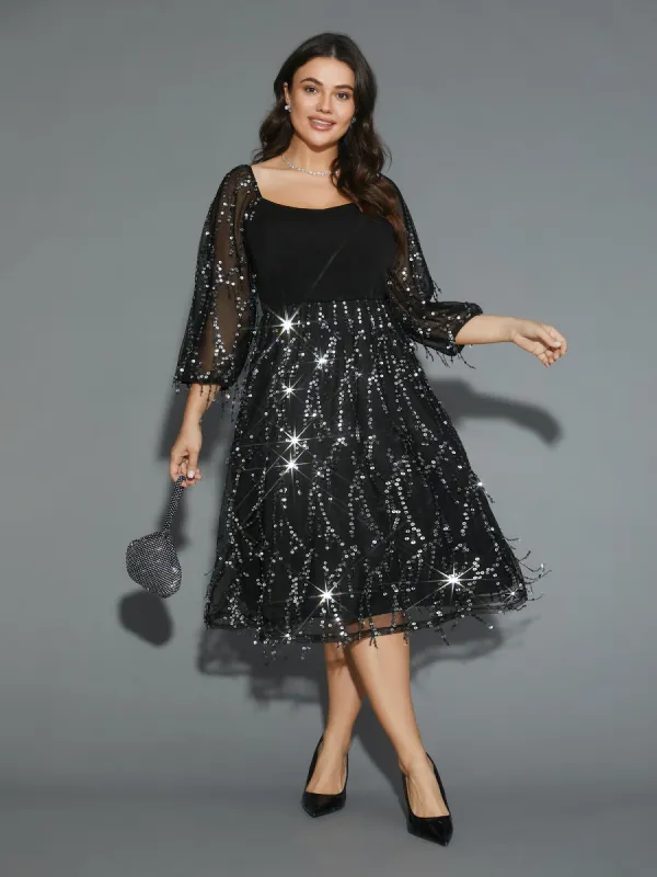 Tassel Sequins Sheer Sleeves Midi Dress sold by Bloomchic