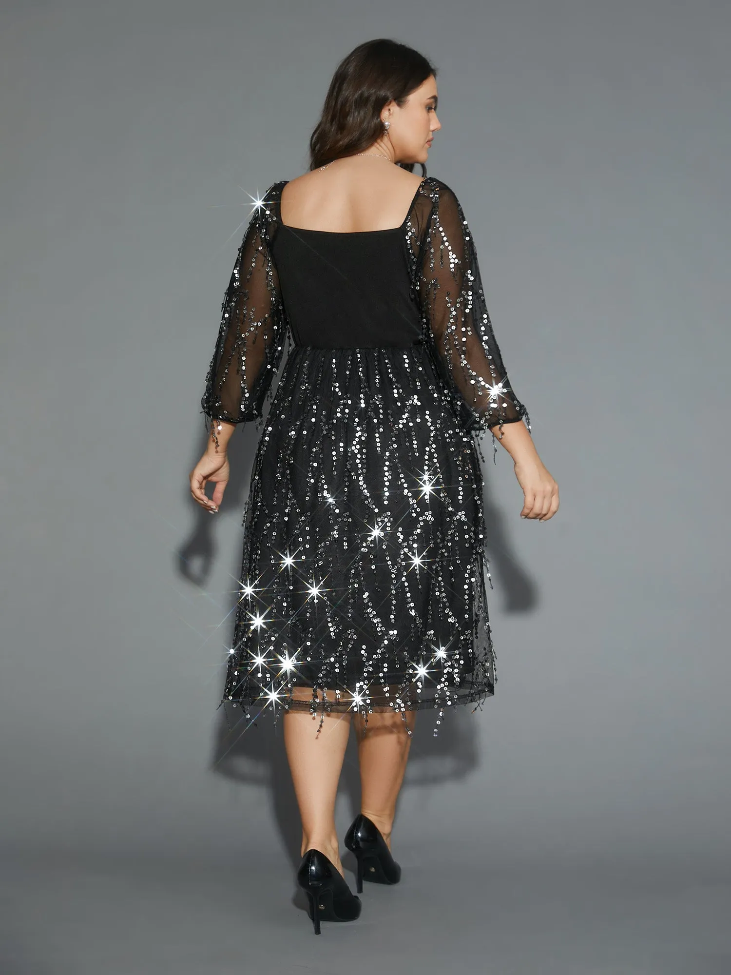 Tassel Sequins Sheer Sleeves Midi Dress sold by Bloomchic product image thumbnail 4