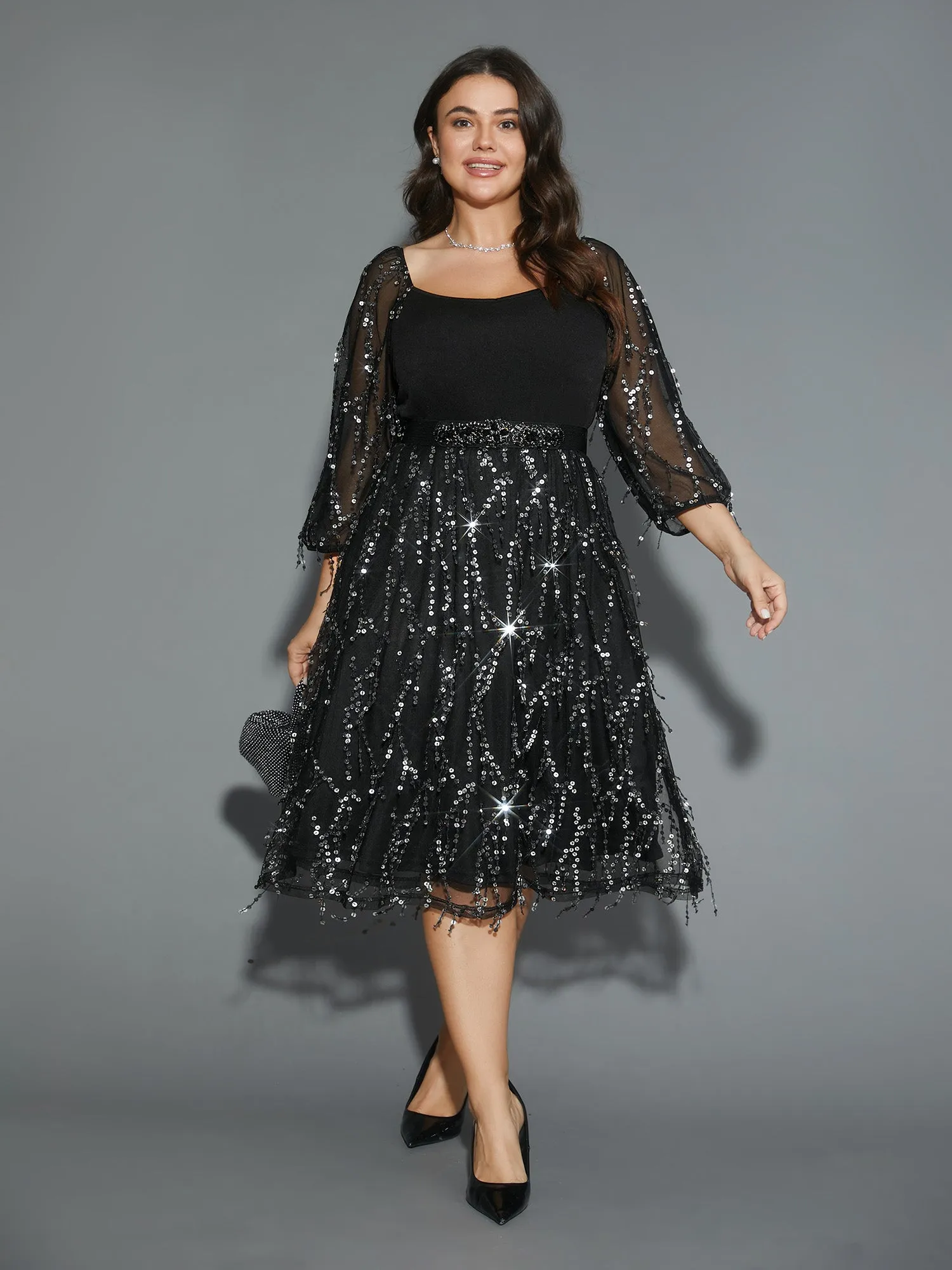 Tassel Sequins Sheer Sleeves Midi Dress sold by Bloomchic product image thumbnail 3