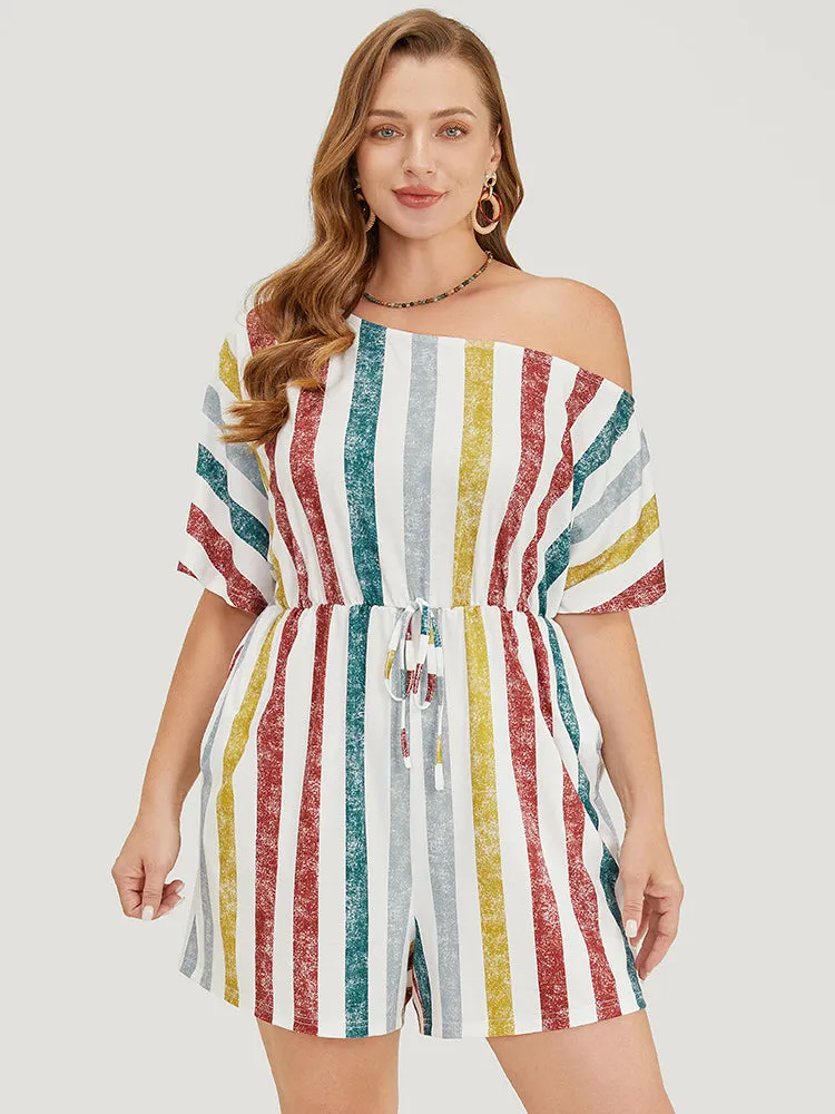 Striped Contrast Knot Pocket One Shoulder Romper sold by Bloomchic