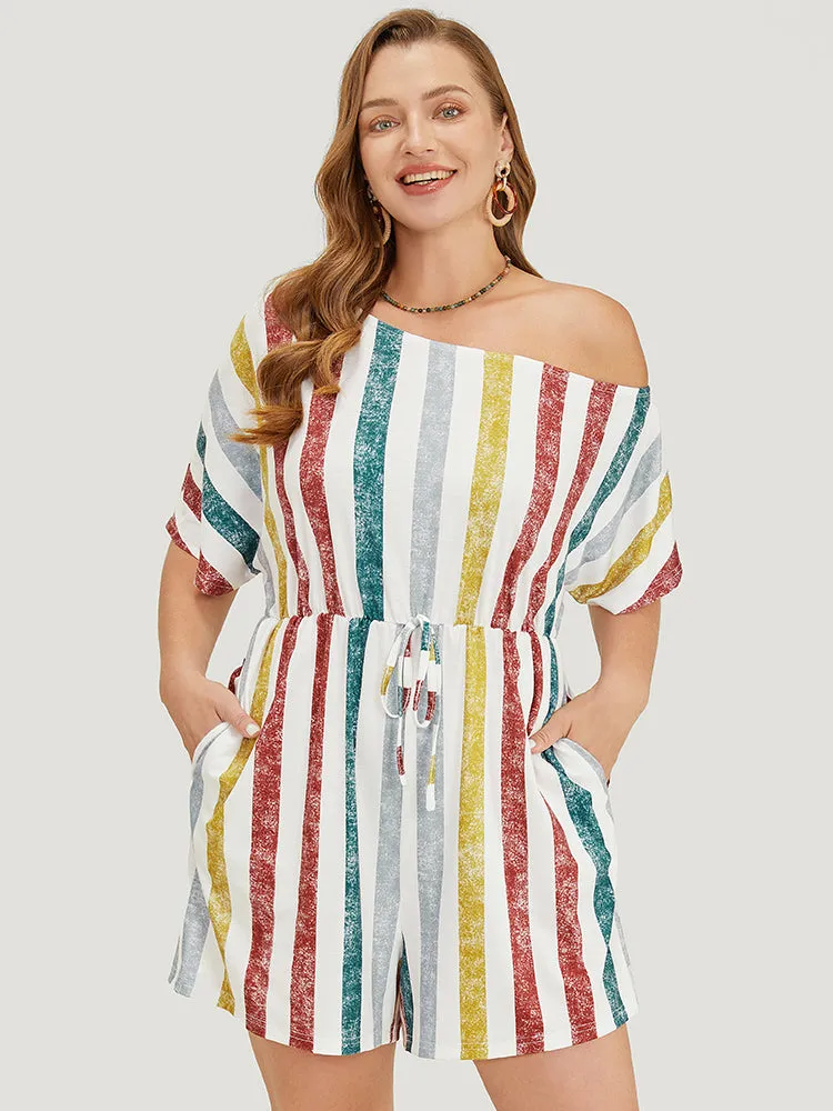 Striped Contrast Knot Pocket One Shoulder Romper sold by Bloomchic product image thumbnail 3