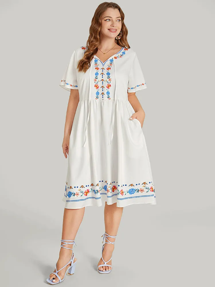 Floral Print Ruffle Sleeve Tie Neck Pocket Midi Dress sold by Bloomchic product image thumbnail 3