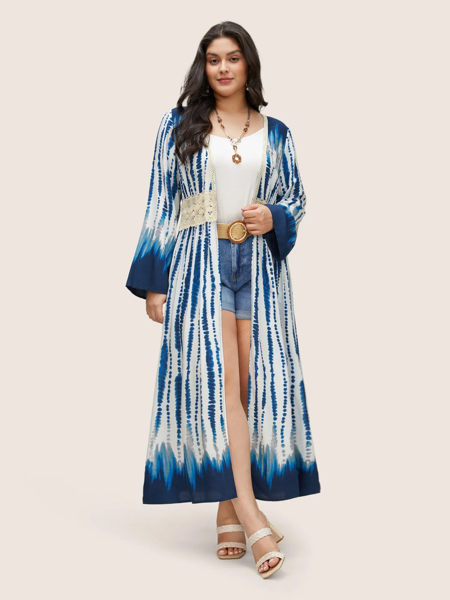 Tie Dye Guipure Lace Waist Trim Kimono sold by Bloomchic