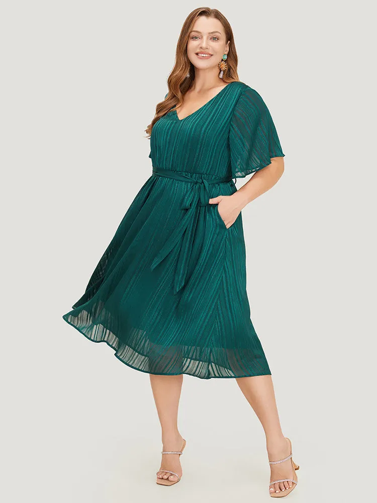 Plain Glitter Pocket Belt Ruffle Hem Dress sold by Bloomchic product image thumbnail 3