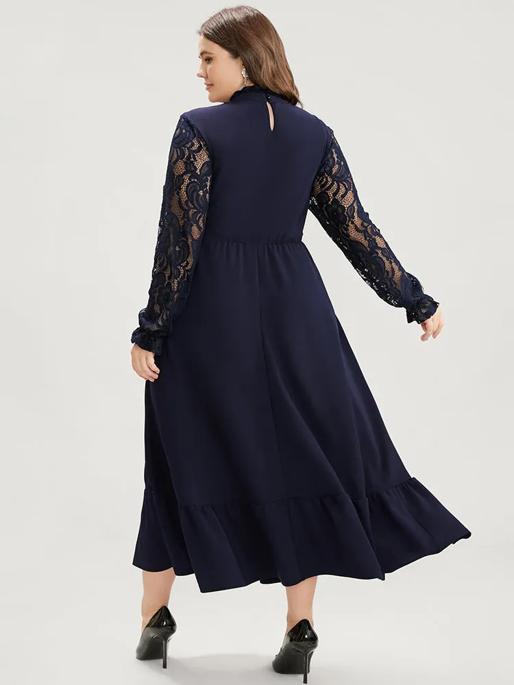 Solid Contrast Lace Pocket Mock Neck Flutter Dress Without Belt sold by Bloomchic product image thumbnail 5