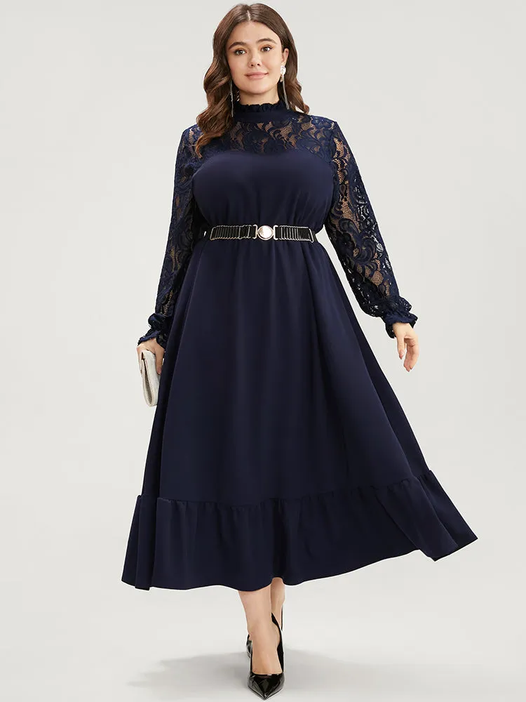 Solid Contrast Lace Pocket Mock Neck Flutter Dress Without Belt sold by Bloomchic product image thumbnail 4