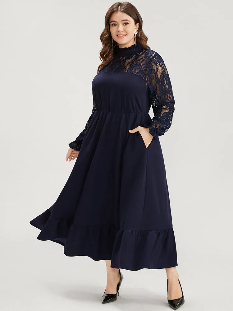 Solid Contrast Lace Pocket Mock Neck Flutter Dress Without Belt sold by Bloomchic product image thumbnail 3