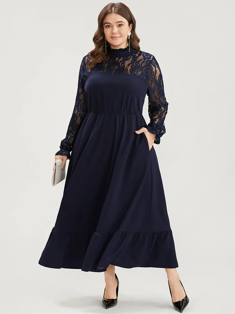 Solid Contrast Lace Pocket Mock Neck Flutter Dress Without Belt sold by Bloomchic product image thumbnail 2