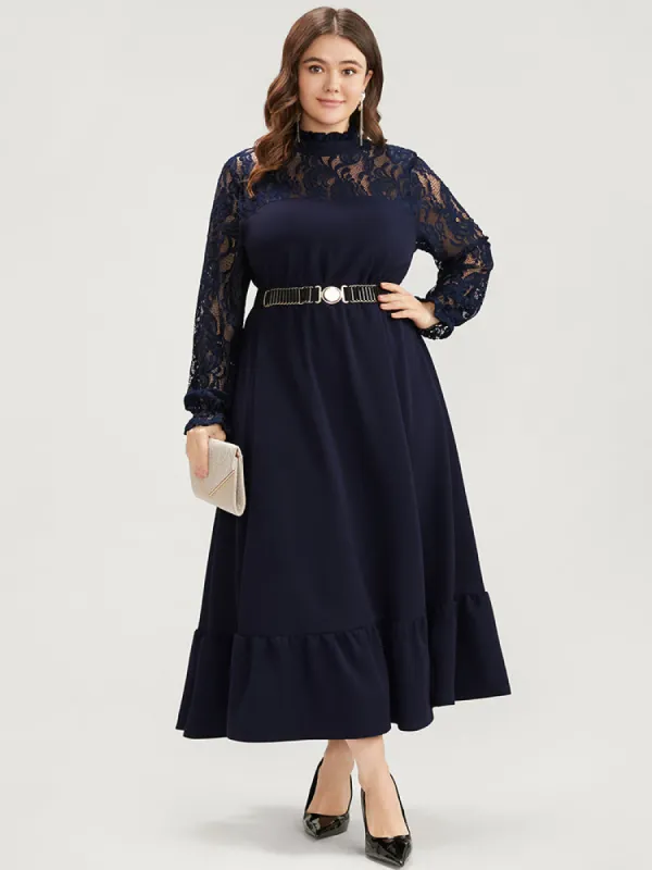 Solid Contrast Lace Pocket Mock Neck Flutter Dress Without Belt sold by Bloomchic