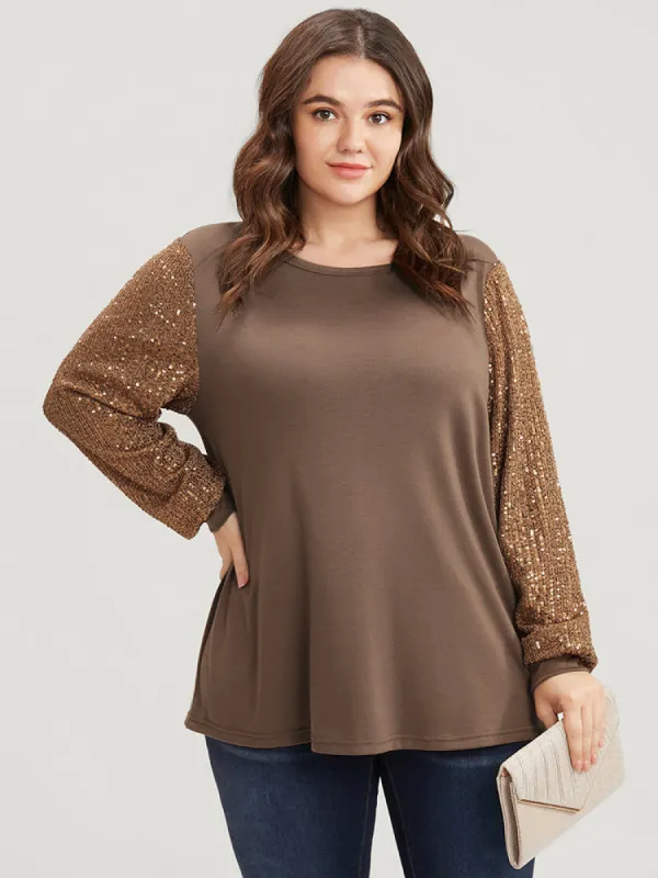 Sequin Patchwork Lantern Sleeve Round Neck Long Tee sold by Bloomchic