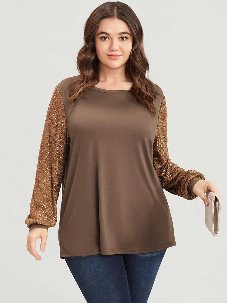 Sequin Patchwork Lantern Sleeve Round Neck Long Tee sold by Bloomchic product image thumbnail 2