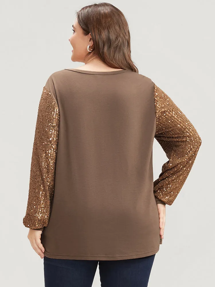 Sequin Patchwork Lantern Sleeve Round Neck Long Tee sold by Bloomchic product image thumbnail 5
