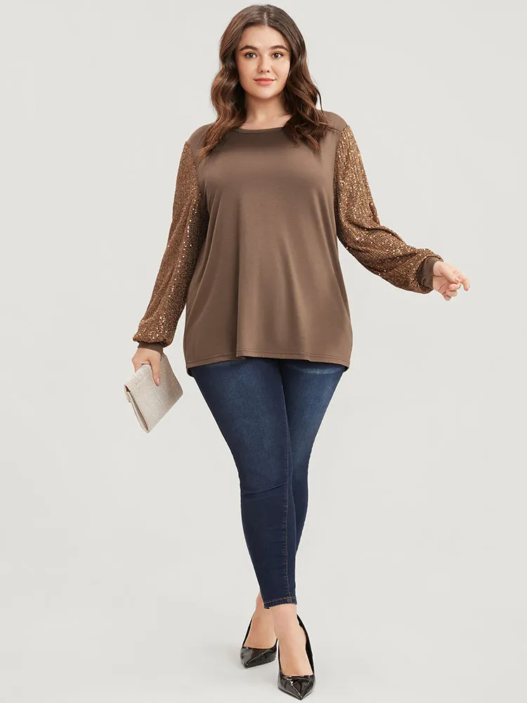 Sequin Patchwork Lantern Sleeve Round Neck Long Tee sold by Bloomchic product image thumbnail 4