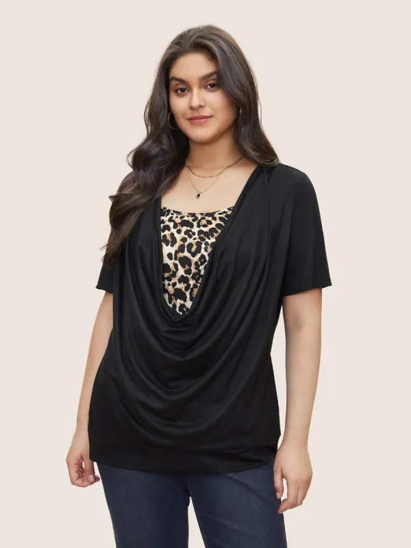 Leopard Patchwork Contrast Cowl Neck T-shirt sold by Bloomchic