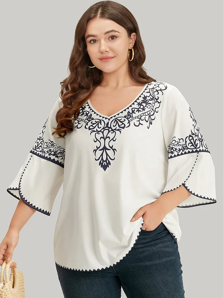 Boho Print V Neck Petal Sleeve Blouse sold by Bloomchic