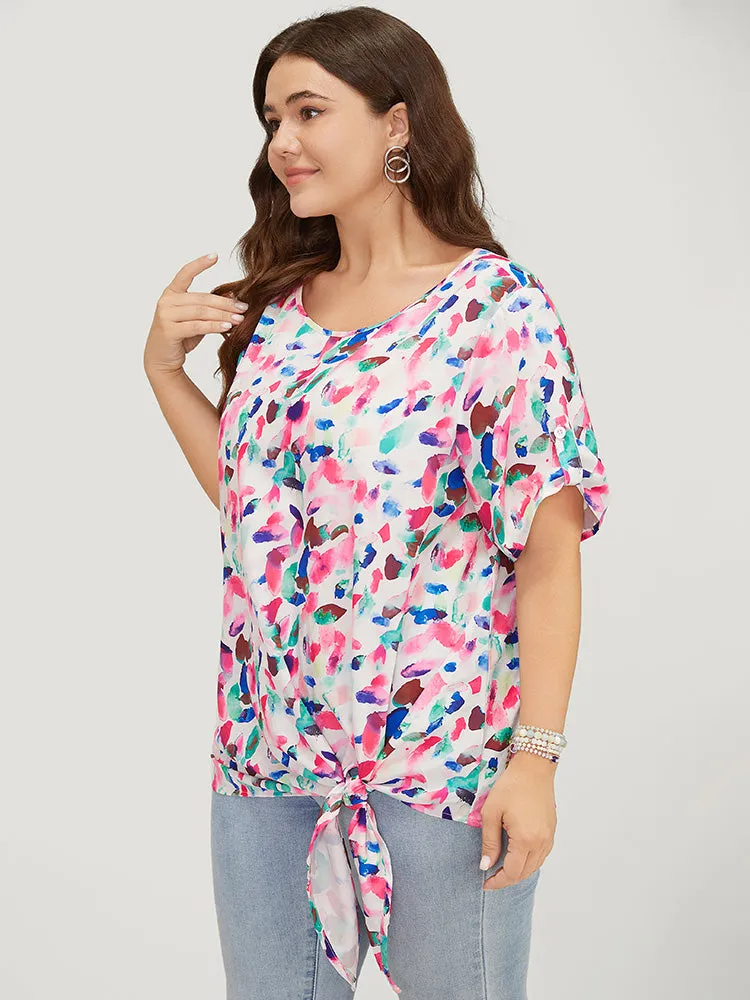 Allover Print Contrast Knotted Hem Cuffed Sleeve Blouse sold by Bloomchic product image thumbnail 4