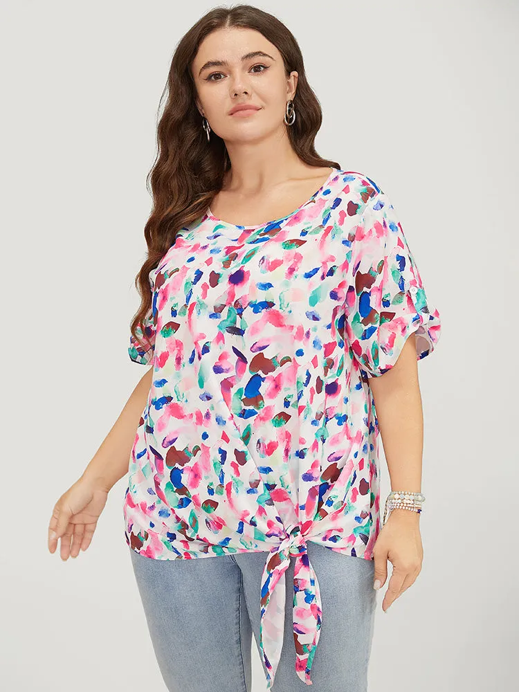 Allover Print Contrast Knotted Hem Cuffed Sleeve Blouse sold by Bloomchic product image thumbnail 3
