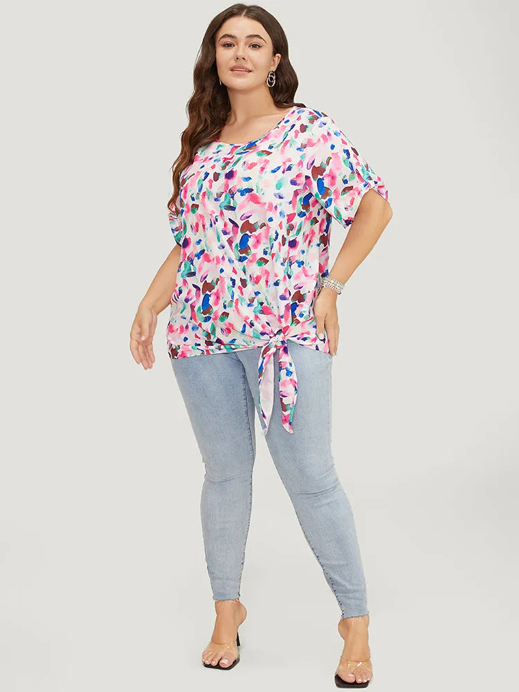 Allover Print Contrast Knotted Hem Cuffed Sleeve Blouse sold by Bloomchic product image thumbnail 2