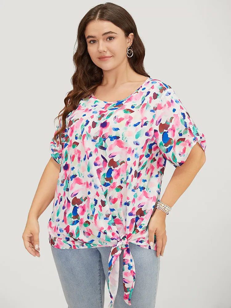 Allover Print Contrast Knotted Hem Cuffed Sleeve Blouse sold by Bloomchic