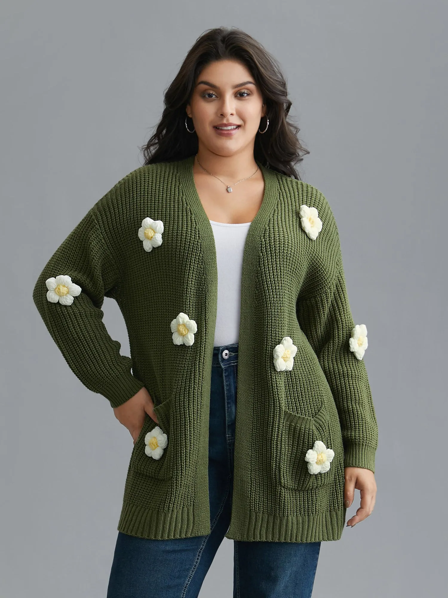 Floral Motifs V-Neck Pockets Knit Cardigan sold by Bloomchic