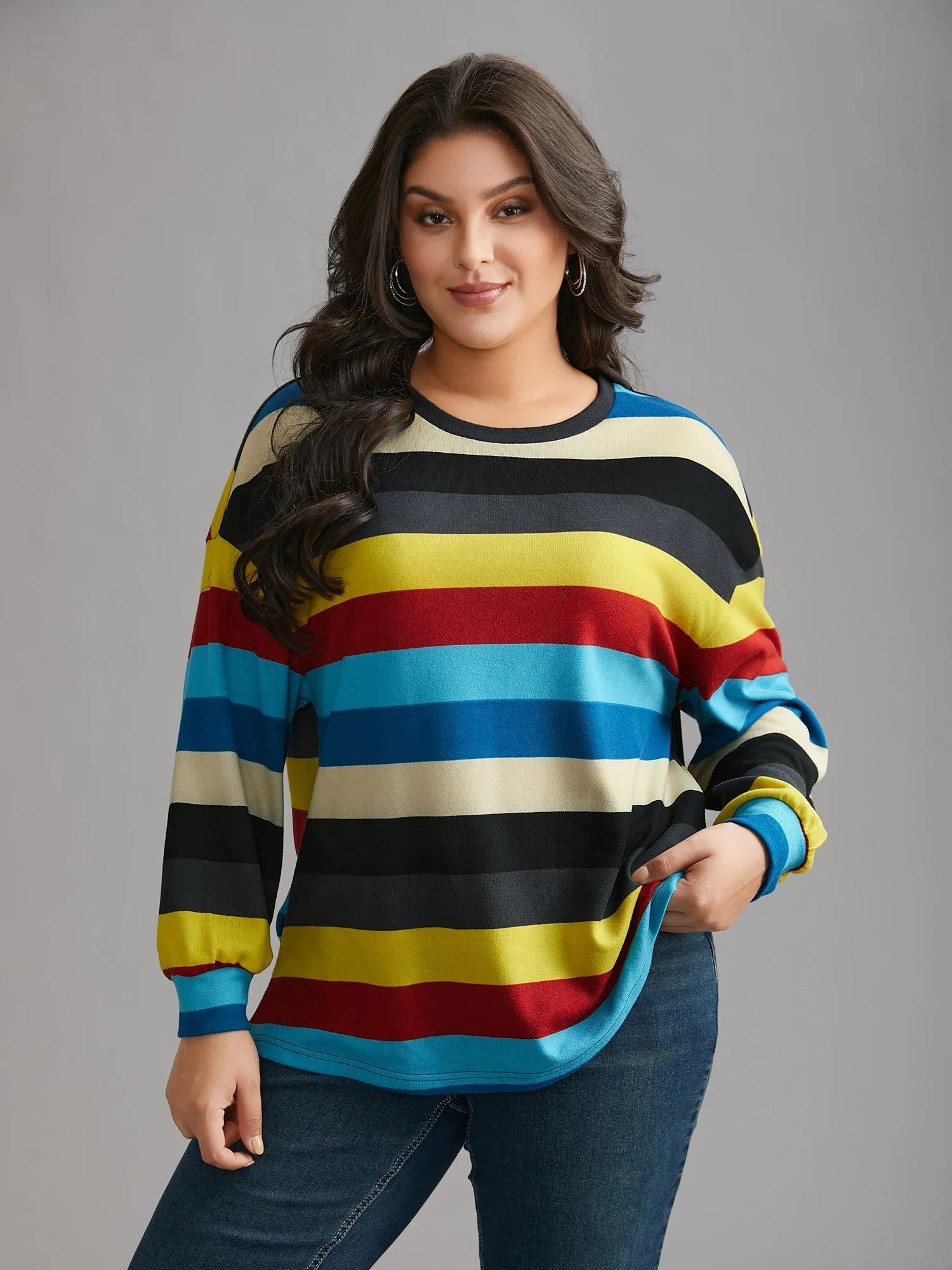 Multi-Color Striped Stretchy Crew Neck T-shirt sold by Bloomchic