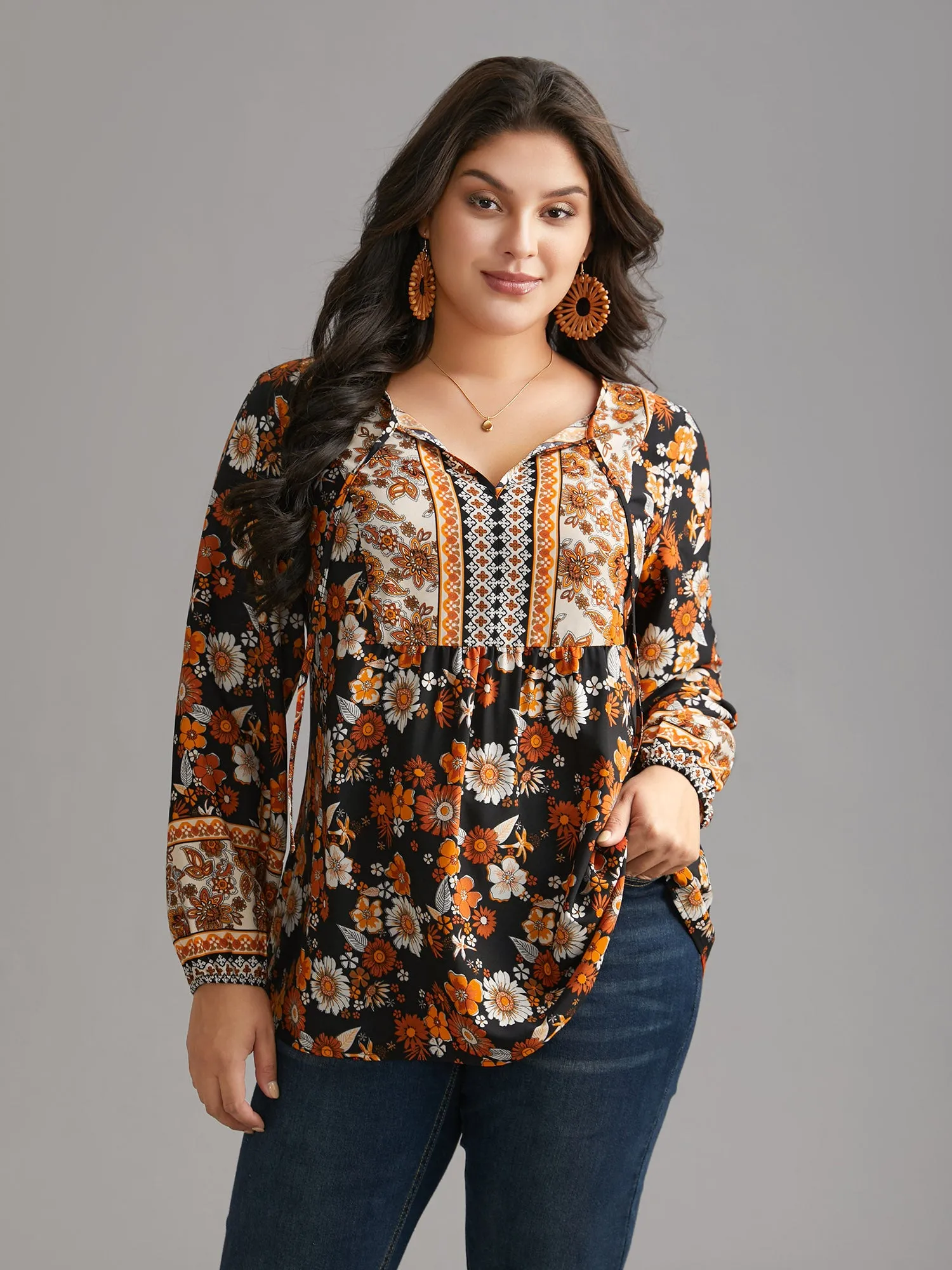 Boho Print Tie Knot Lantern Sleeve Blouse sold by Bloomchic