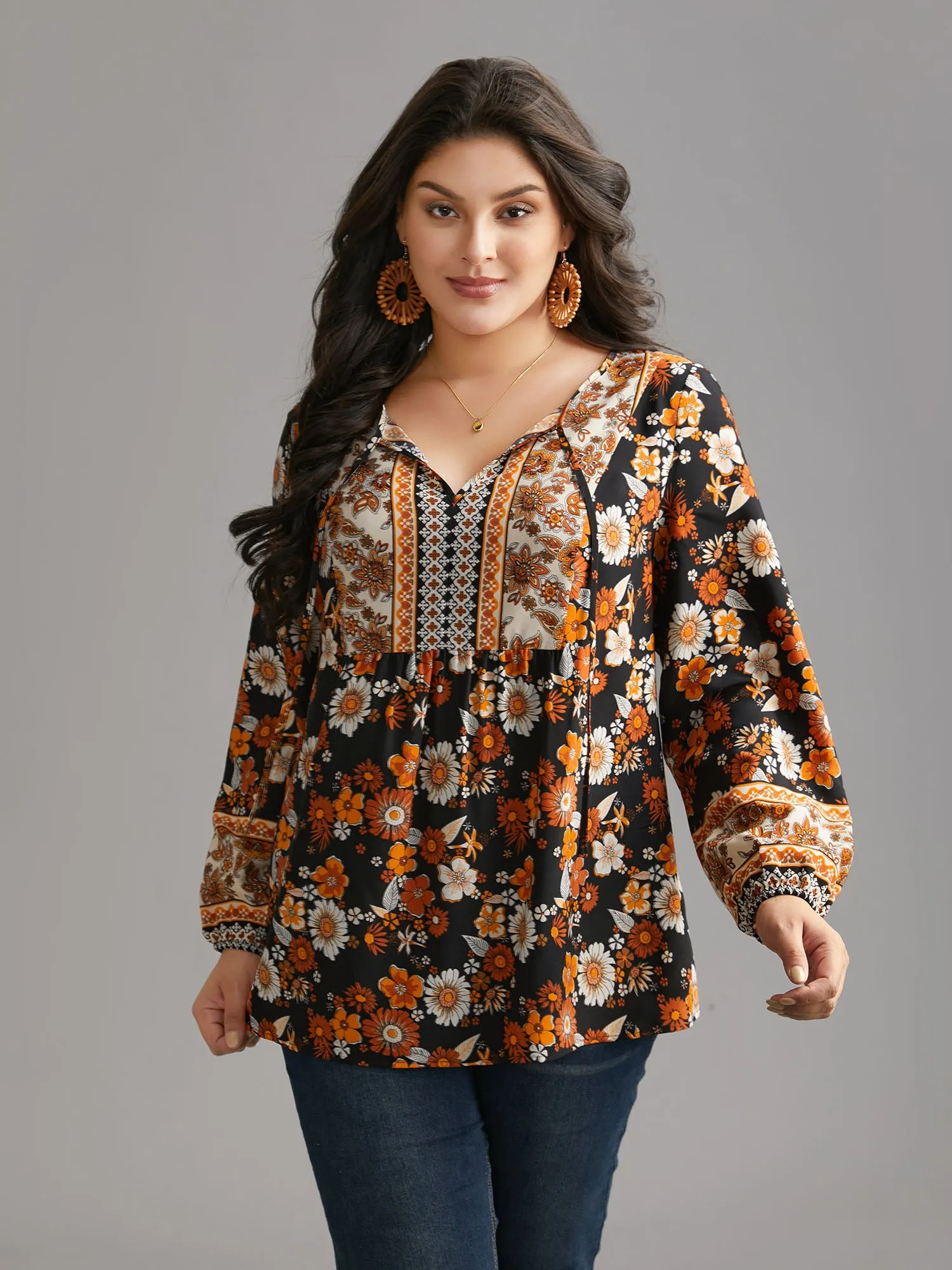 Boho Print Tie Knot Lantern Sleeve Blouse sold by Bloomchic product image thumbnail 3