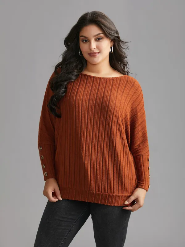 Textured Sleeves Buttons Round Neck Knit Top sold by Bloomchic
