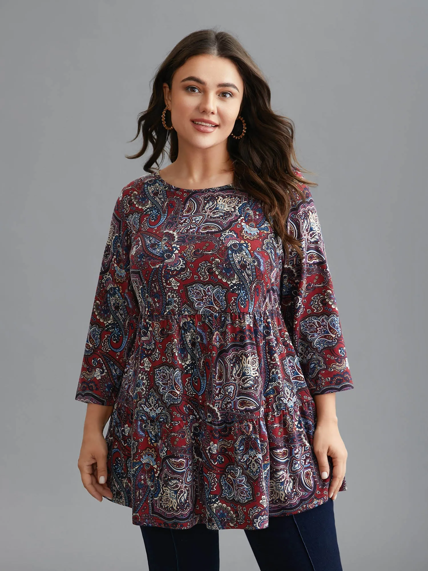 Perris Pattern Round Neck Waist-Cinching Knit Top sold by Bloomchic