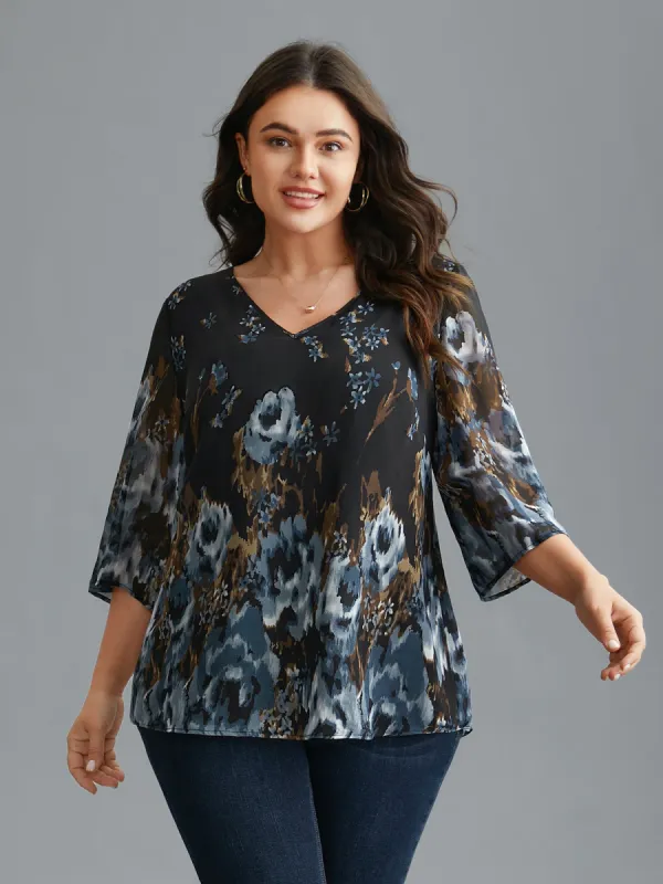 V Neck Floral Bell Sleeve Blouse sold by Bloomchic