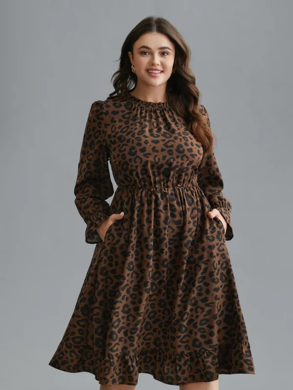 Leopard Print Ruffles Mock Neck Elastic Waist Dress sold by Bloomchic