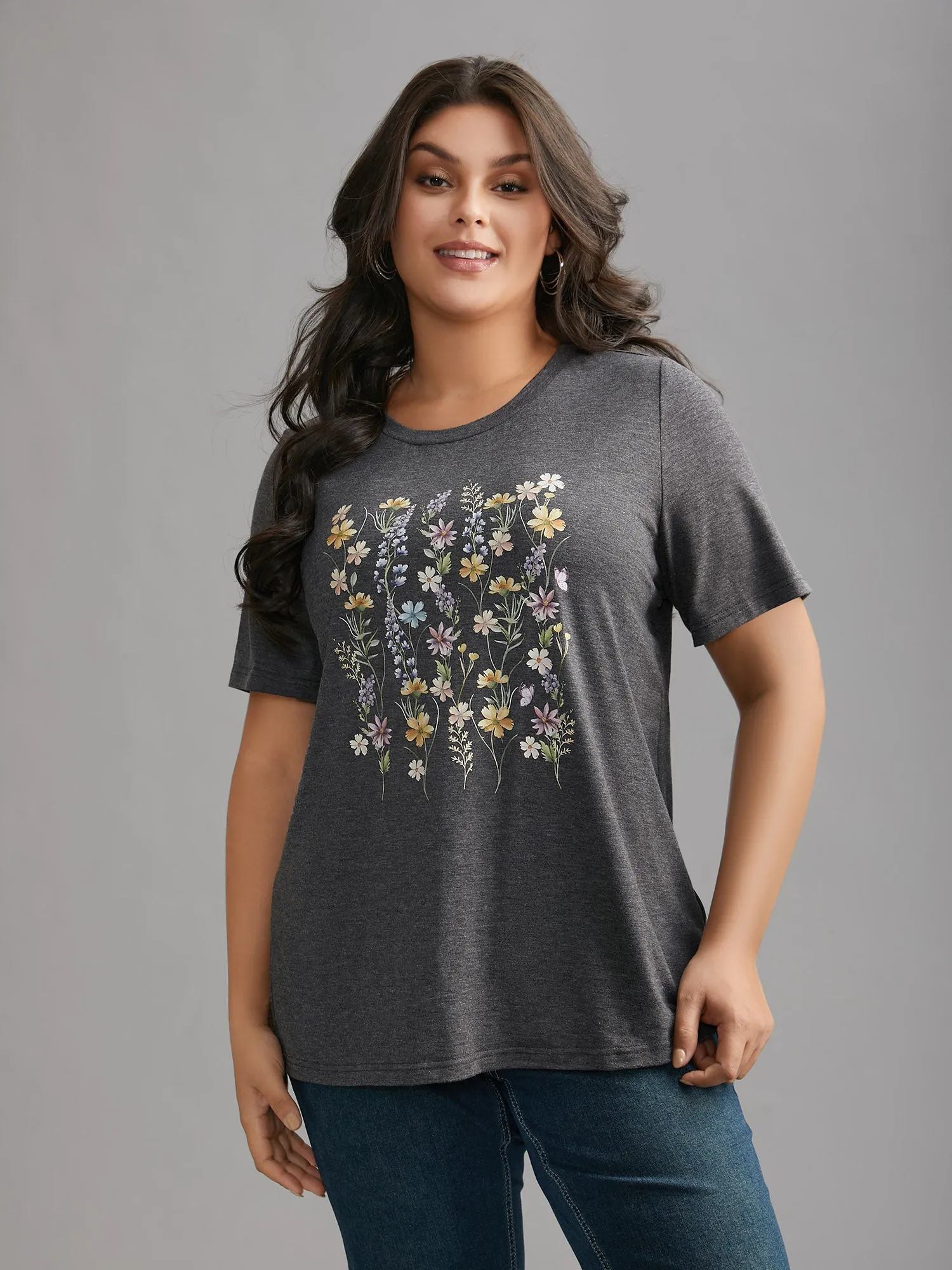 Floral Crew Neck Stretchy T-Shirt sold by Bloomchic