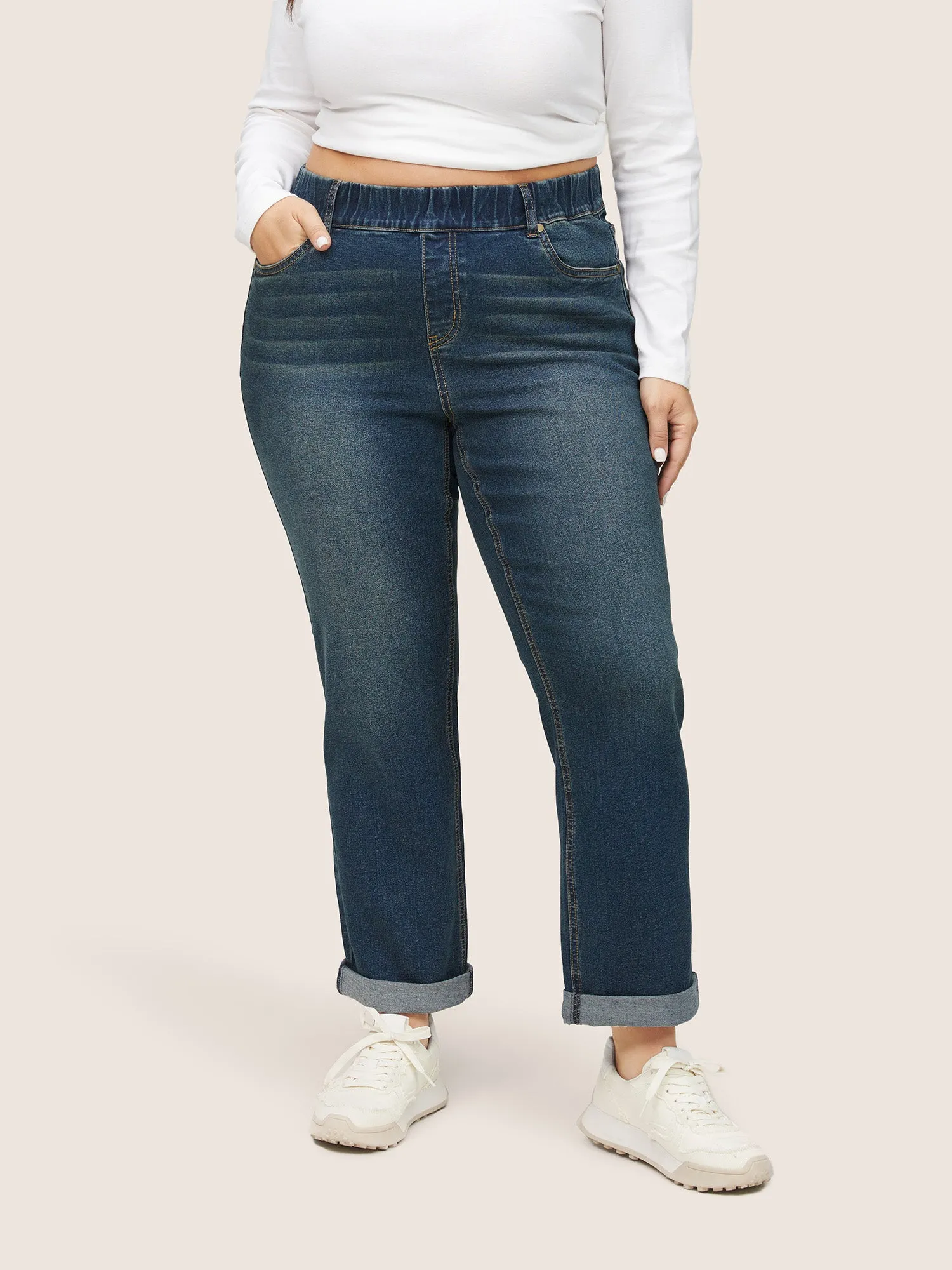 Elastic Waist Roll Hem Ankle Jeans sold by Bloomchic