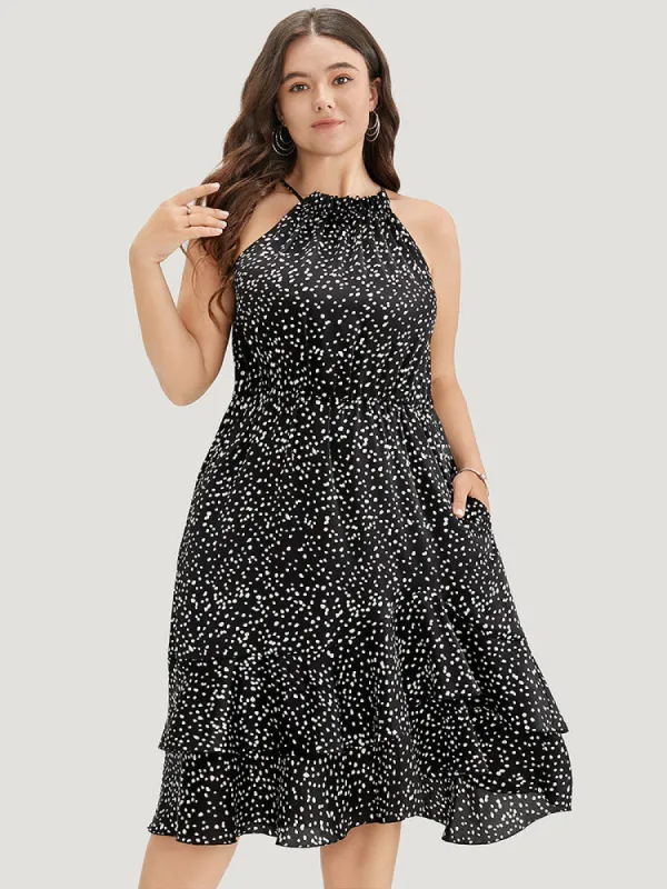 Polka Dot Halter Neck Pocket Ruffle Tiered Dress sold by Bloomchic