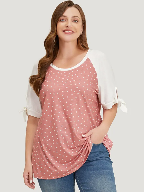 Polka Dot Patchwork Raglan Sleeve Cut Out Bowknot T-shirt sold by Bloomchic