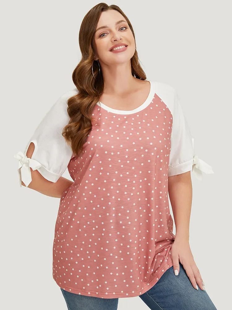 Polka Dot Patchwork Raglan Sleeve Cut Out Bowknot T-shirt sold by Bloomchic product image thumbnail 4