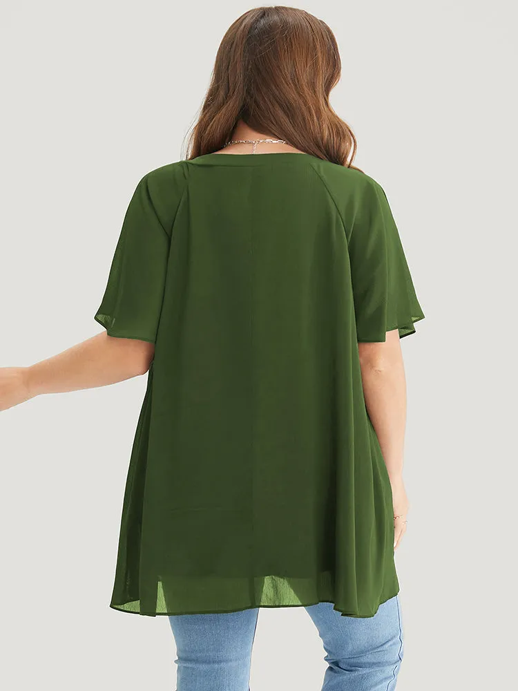 Solid Ruffles Gathered Mesh Raglan Sleeve Blouse sold by Bloomchic product image thumbnail 3