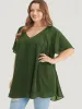 Solid Ruffles Gathered Mesh Raglan Sleeve Blouse sold by Bloomchic