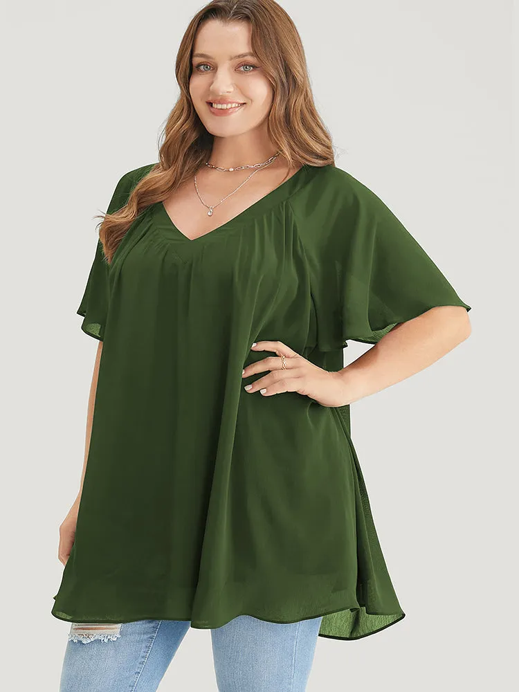 Solid Ruffles Gathered Mesh Raglan Sleeve Blouse sold by Bloomchic