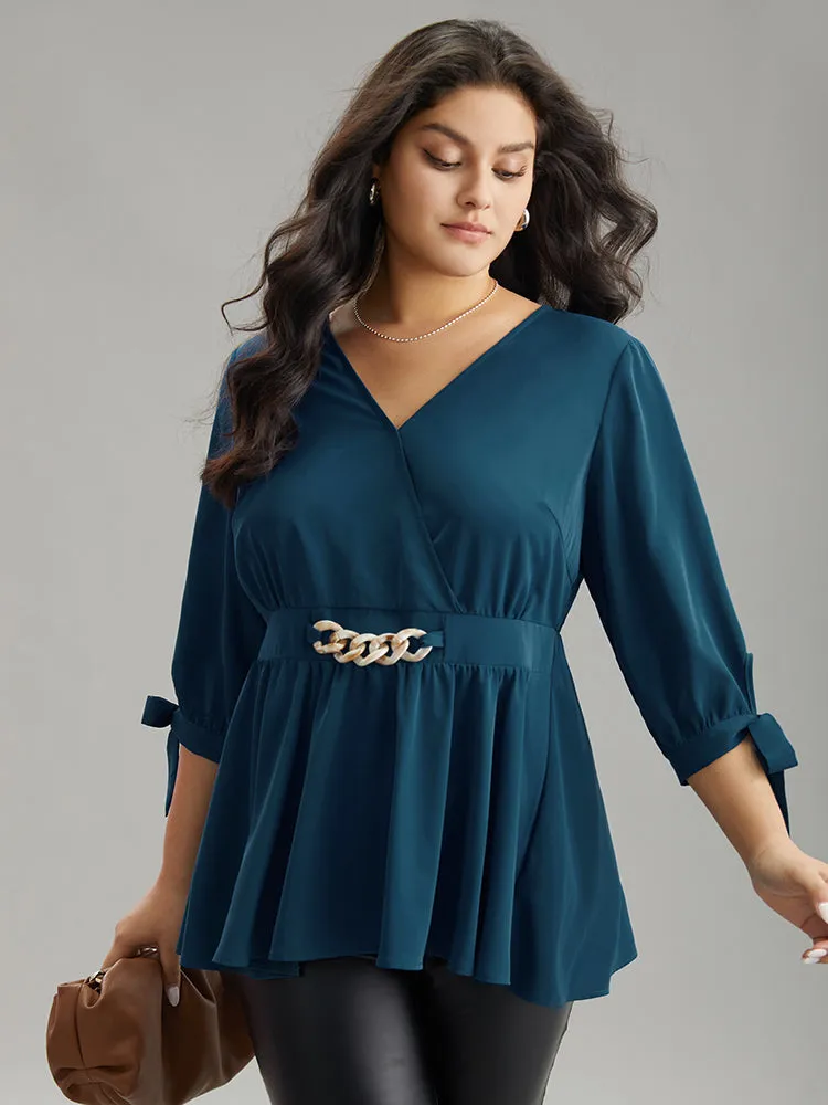 Plain Bowknot Ties Buckle Detail Wrap Blouse sold by Bloomchic