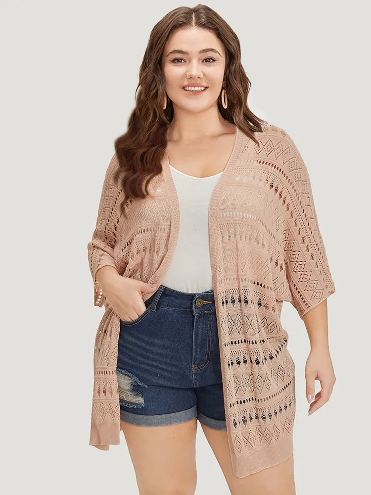 Plain Geometric Eyelet Batwing Sleeve Open Front Cardigan sold by Bloomchic