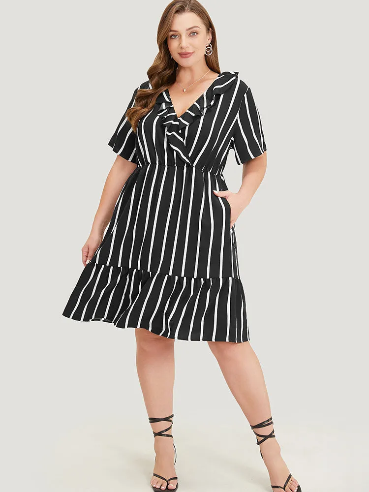 Striped Print Pocket Ruffle Trim Wrap Dress sold by Bloomchic