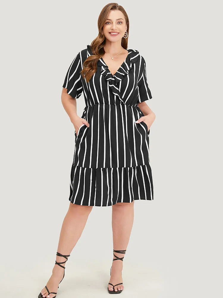 Striped Print Pocket Ruffle Trim Wrap Dress sold by Bloomchic product image thumbnail 5