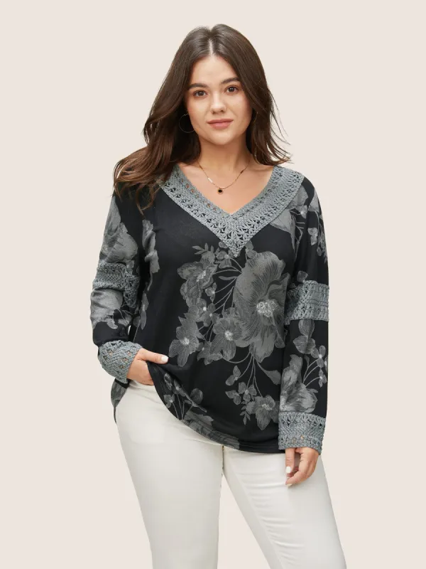 Crochet Lace Patchwork Floral V Neck T-shirt sold by Bloomchic