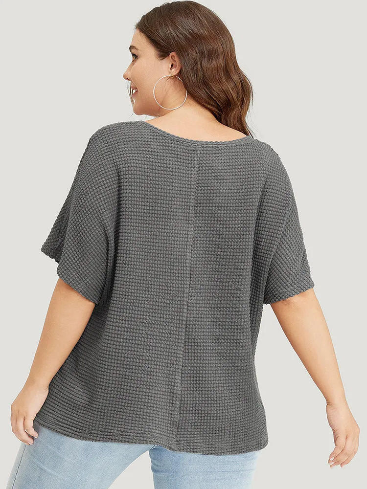 Solid Pocket Notched Neck Batwing Sleeve Waffle Knit T-shirt sold by Bloomchic product image thumbnail 5