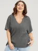 Solid Pocket Notched Neck Batwing Sleeve Waffle Knit T-shirt sold by Bloomchic
