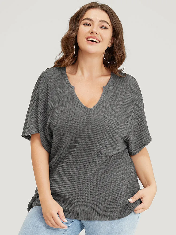 Solid Pocket Notched Neck Batwing Sleeve Waffle Knit T-shirt sold by Bloomchic product image thumbnail 2