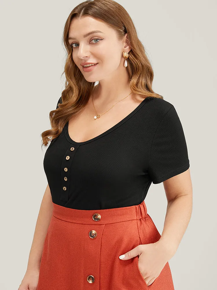 Supersoft Essentials Slightly Stretchy Rib Knit Button Detail T-shirt sold by Bloomchic product image thumbnail 4